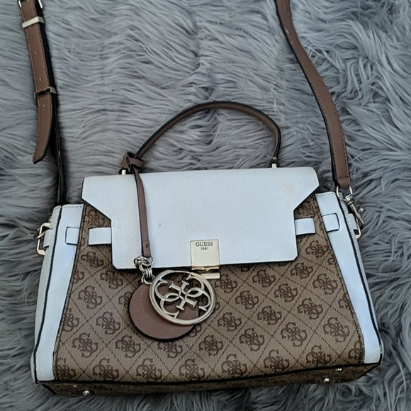 Guess white brown monogram handbag - Picture 1 of 5